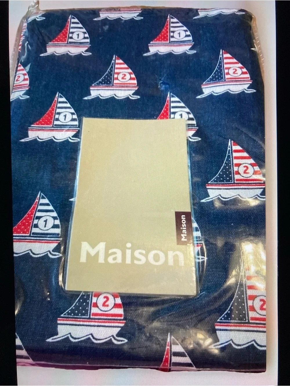 Madison Navy Tablecloth with Red & White Sailboat Motif Summer Fabric 55 X 90